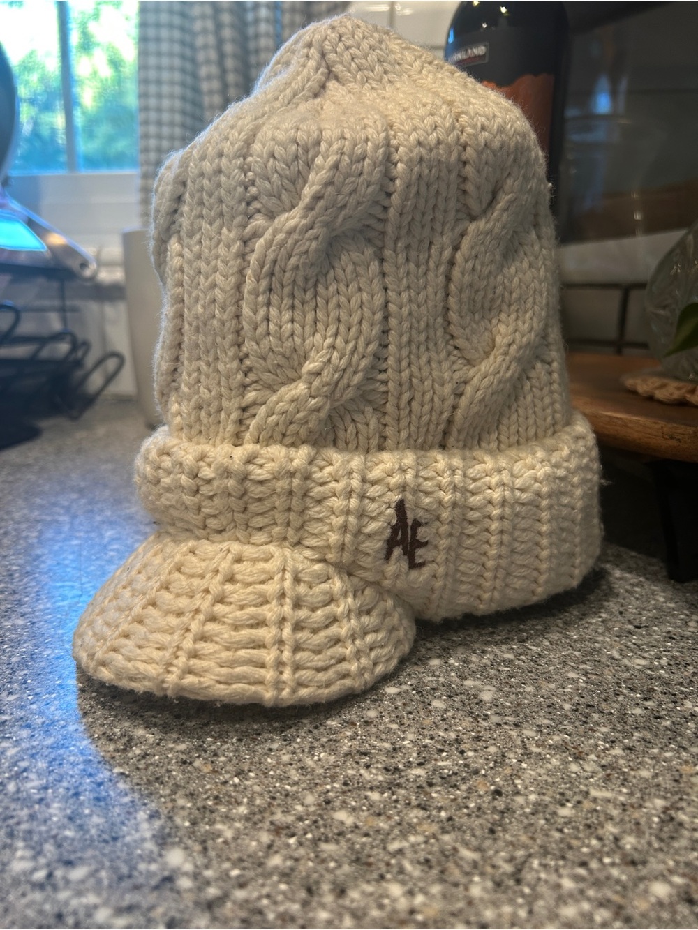 Y2K American Eagle Cream Cable Knit Beanie with Visor